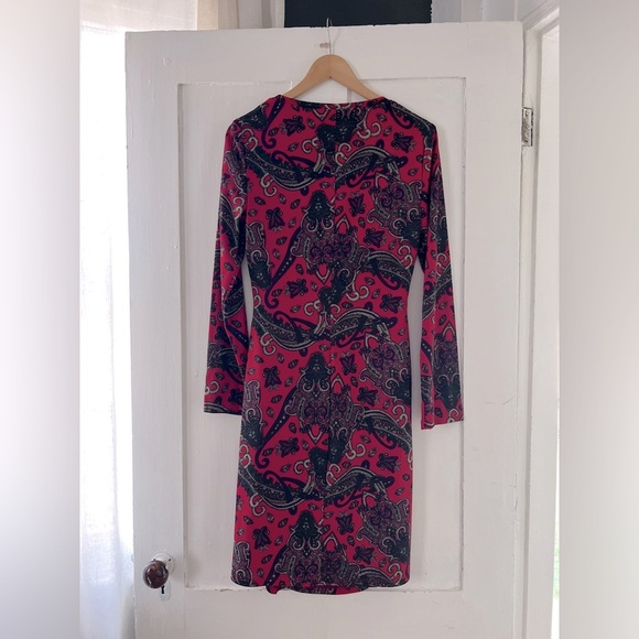 Ralph Lauren Black Label Long Sleeve Red Paisley Jersey Knit Ruched Dress 10 - Picture 5 of 5
